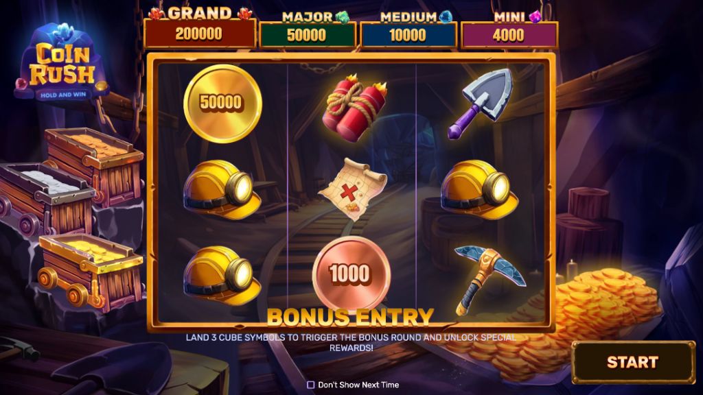 Bonus entry screen showing dynamite, helmet, pickaxe and treasure map symbols