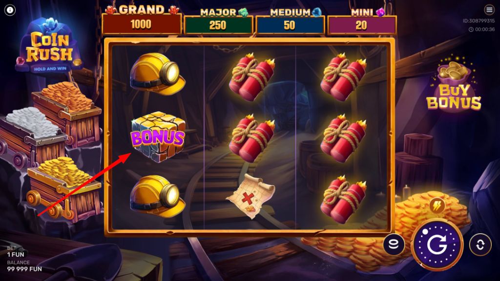 Bonus symbols — miner's helmet, dynamite, the bonus cube and a treasure map