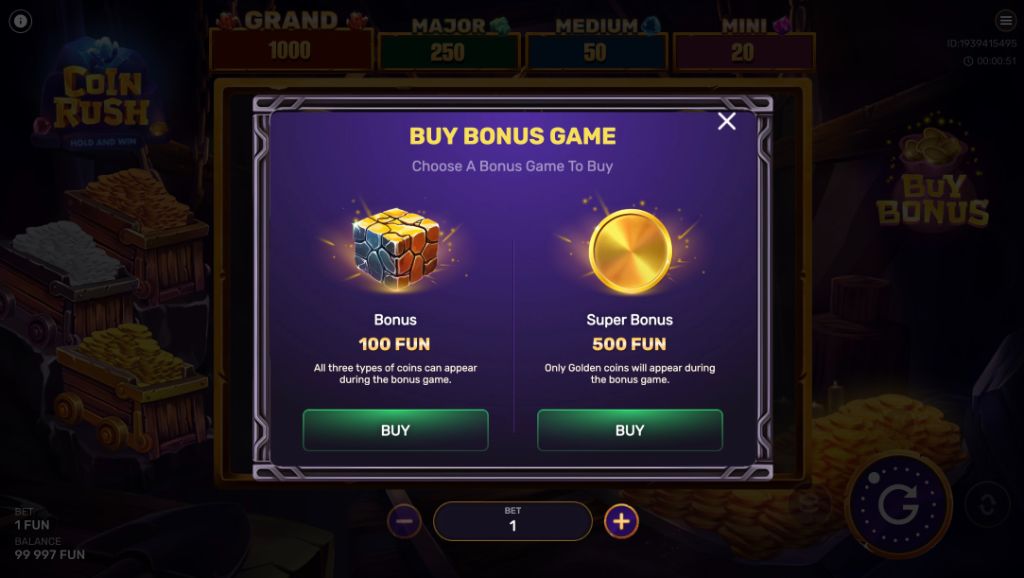 Buy Bonus Game window offering a standard Bonus and a Super Bonus