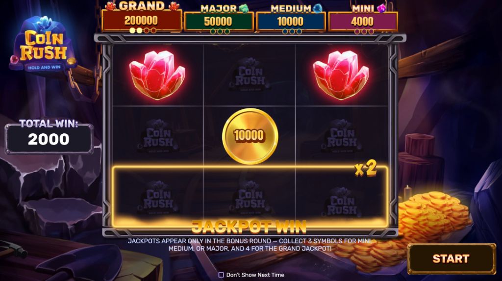 Jackpot win screen showing a 10000 gold coin and an x2 row multiplier