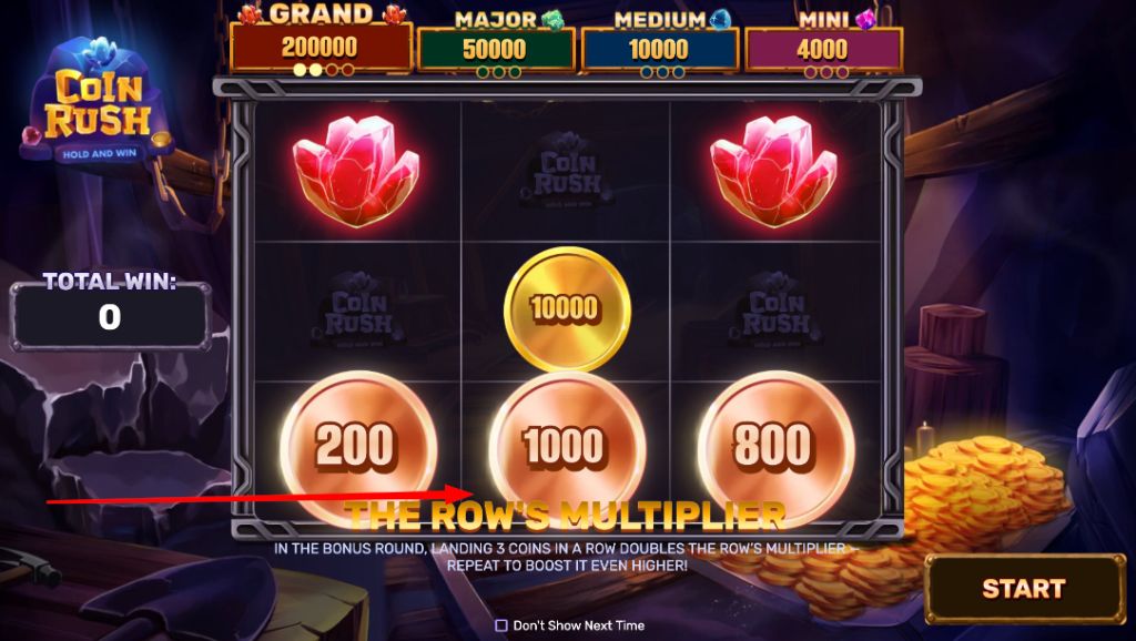 Gameplay grid showing the row multiplier mechanic with gold coins and red gems