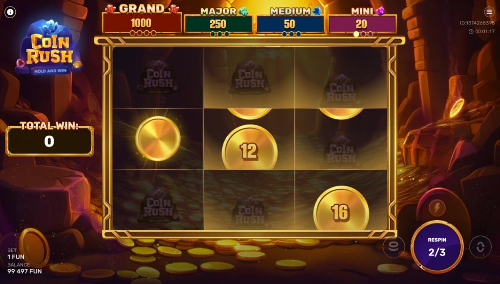 Live game screen with jackpot tiers along the top, total win panel and the spinning reels