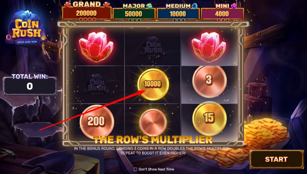 Bonus grid with coin values and the row's multiplier arrow pointing across a row