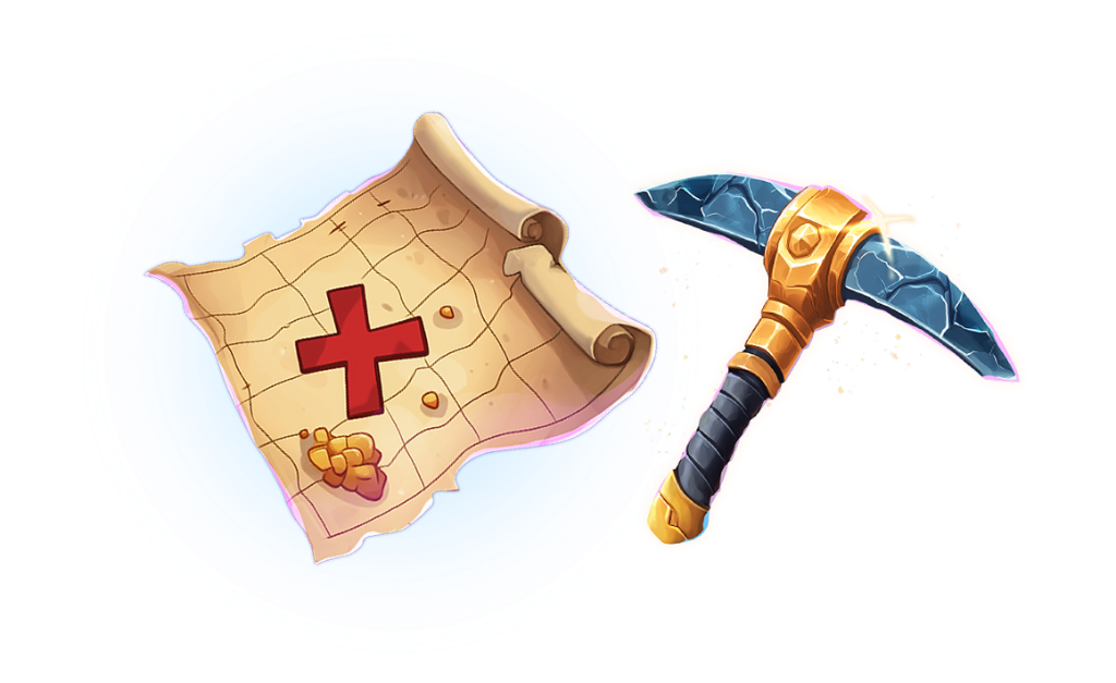 Treasure map with red X and a glowing pickaxe — the game's mining theme
